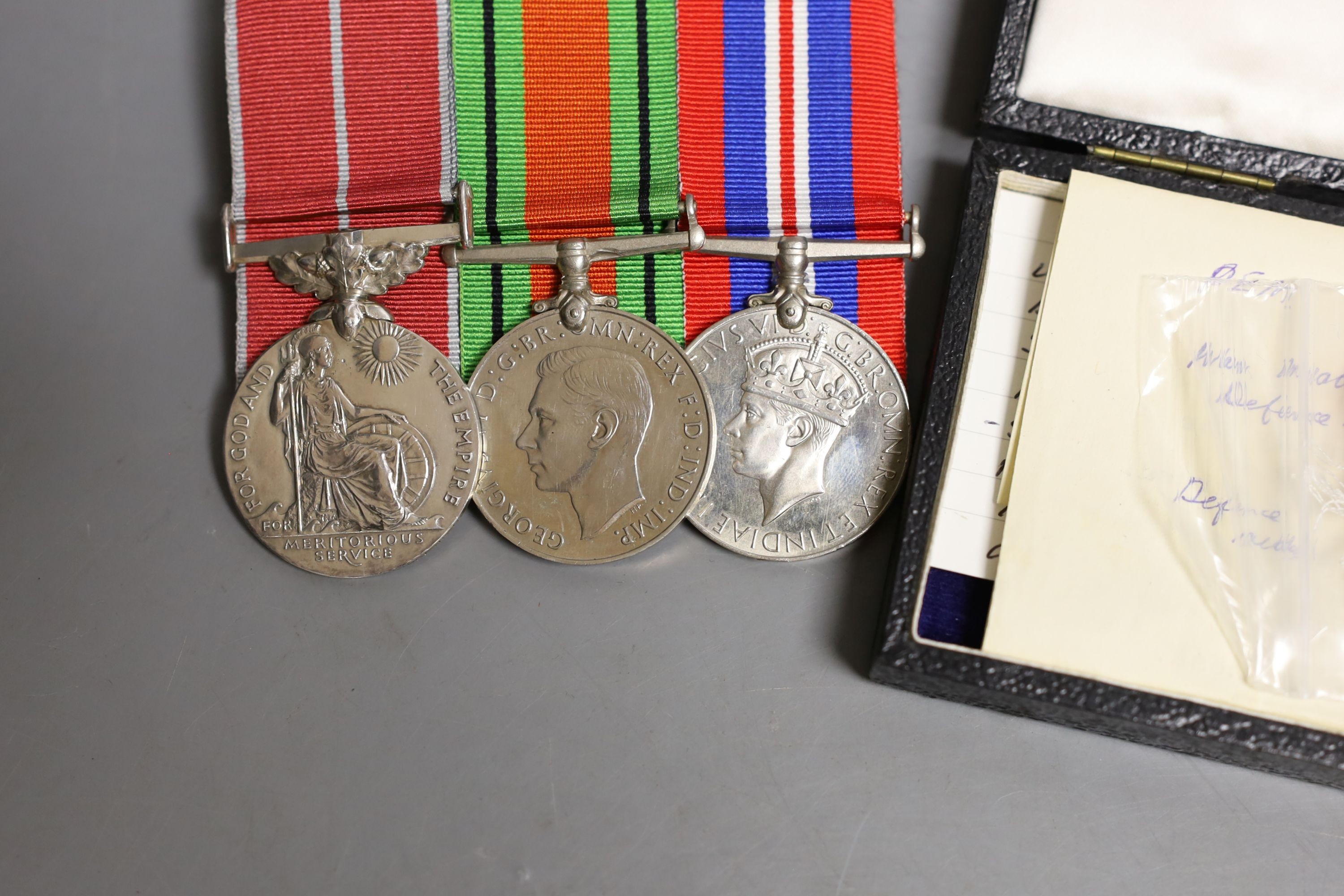 A London Home Guard British Empire medal awarded to Sergeant Montague G Bridge with his Second War Defence Medals, all un-named (3)